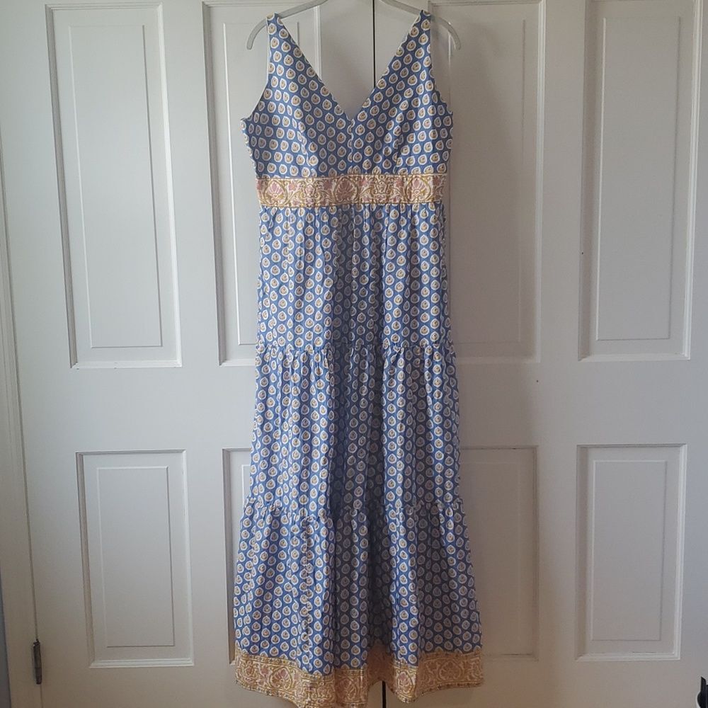 J. Crew Point Sur Blue Yellow Tiered Floral Maxi Dress Peasant Long Boho Altered
